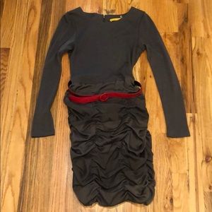 Alice + Olivia Gray Ruched Dress w/ Red Belt